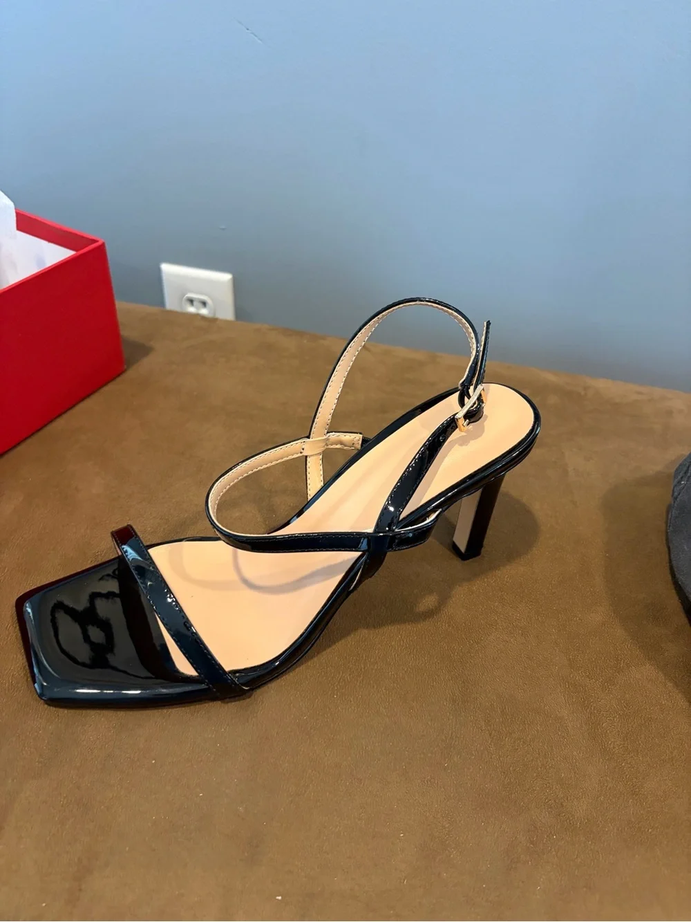 Women’s Strappy Square-Toe Sandal/Heel 3”, in Black Patent Leather - NEVER WORN